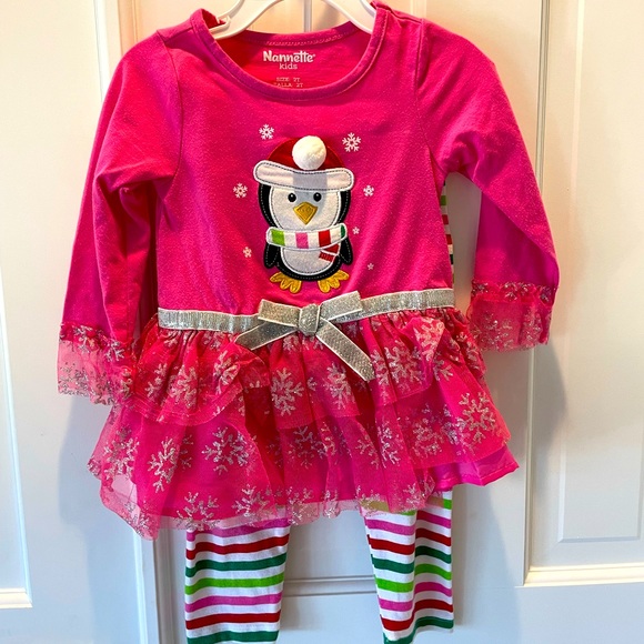 Nanette Kids Hot Pink Christmas Striped Pant Set with Penguin 2T